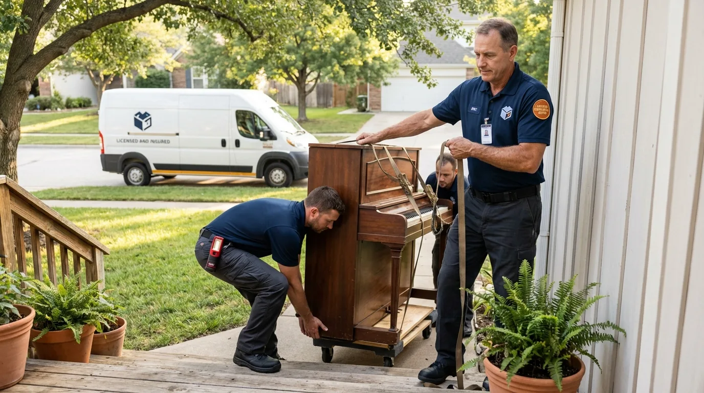 Licensed piano movers securing grand piano in Mount Horeb, WI