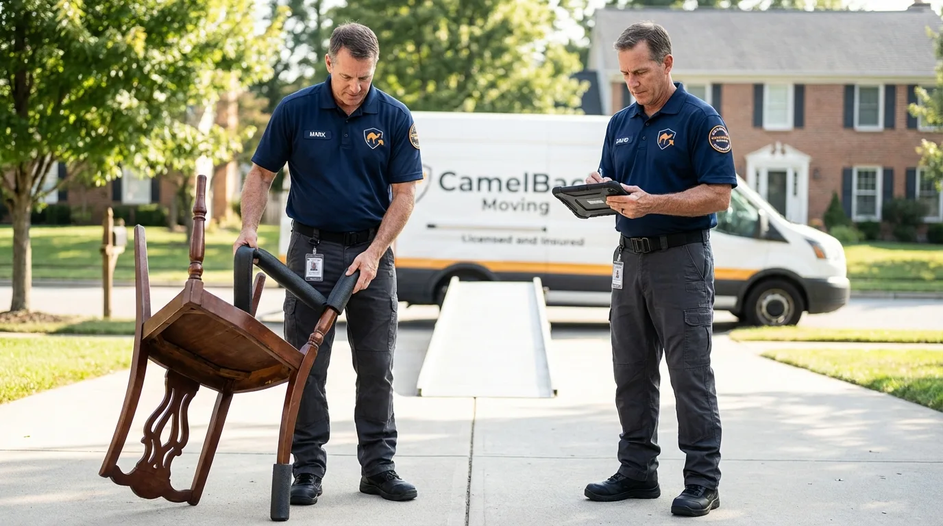 Movers inspecting furniture for damage prevention before loading in Mount Horeb, WI