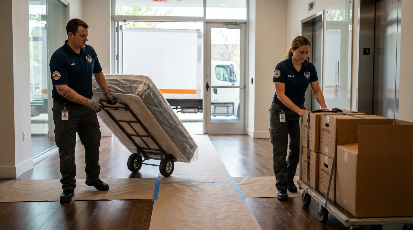 Professional apartment movers loading elevator in Mount Horeb, WI