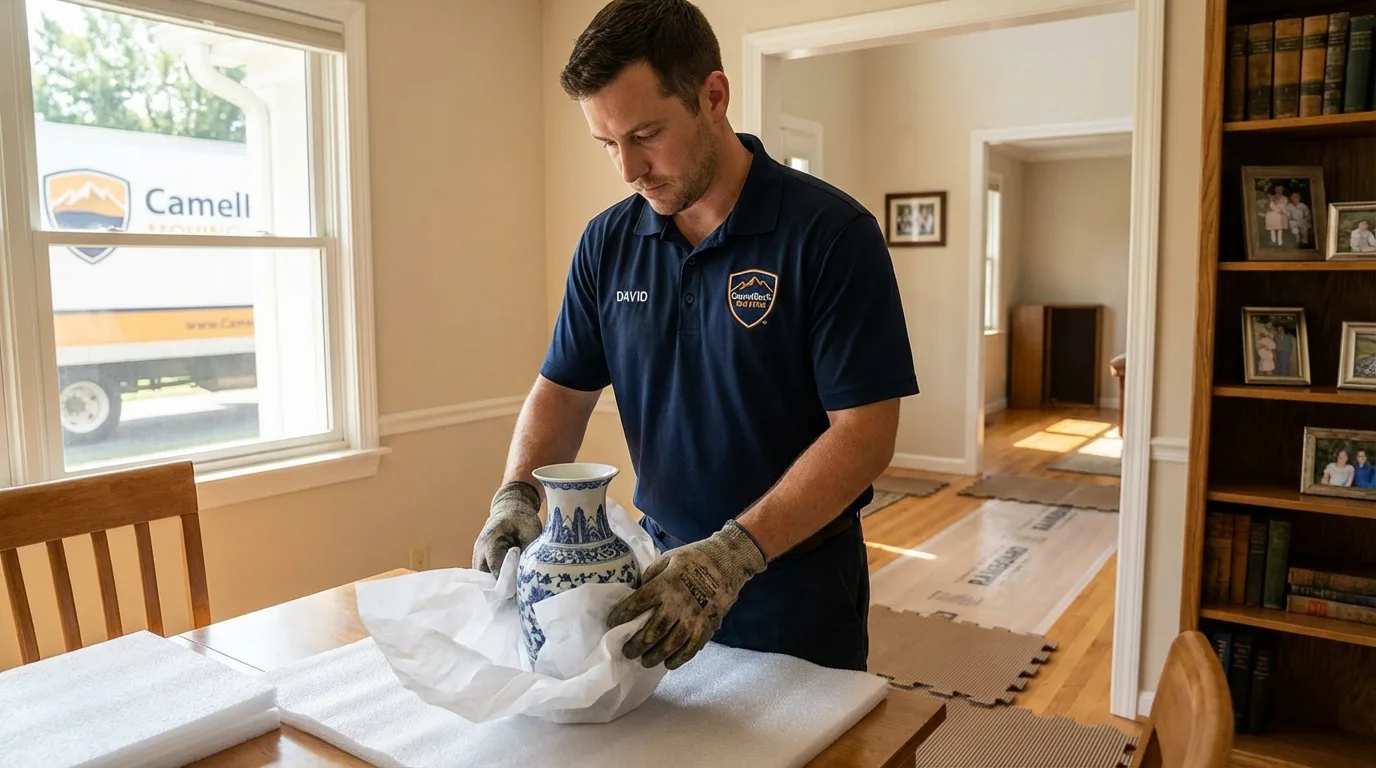 Professional crew carefully wrapping antique vase for senior downsizing move in Mount Horeb, WI